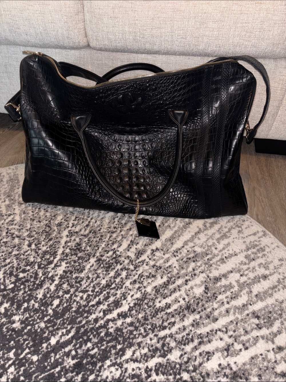 Tote & Carry Luxury Black Croc-Embossed Weekender Tote